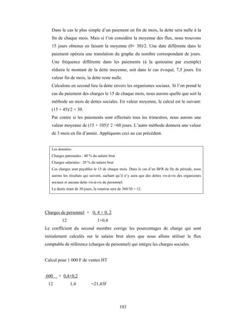 103
Dans le cas le plus simple d’un paiement en fin de mois, la dette sera nulle à la
fin de chaque mois. Mais si l’on considère la moyenne des flux, nous trouvons
15 jours obtenus en faisant la moyenne (0+ 30)/2. Une date différente dans le
paiement opérera une translation du graphe du nombre correspondant de jours.
Une fréquence différente dans les paiements (à la quinzaine par exemple)
réduira le montant de la dette moyenne, soit dans le cas évoqué, 7,5 jours. En
valeur fin de mois, la dette reste nulle.
Calculons en second lieu la dette envers les organismes sociaux. Si l’on prend le
cas du paiement des charges le 15 de chaque mois, nous aurons quelle que soit la
méthode un mois de dettes sociales. En valeur moyenne, le calcul est le suivant:
(15 + 45)/2 = 30.
Par contre si les paiements sont effectués tous les trimestres, nous aurons une
valeur moyenne de (15 + 105)! 2 =60 jours. L’autre méthode donnera une valeur
de 3 mois en fin d’année. Appliquons ceci au cas précédent.
Les données:
Charges patronales : 40 % du salaire brut
Charges salariales : 20 % du salaire brut
Ces charges sont payables le 15 de chaque mois. Dans le cas d’un BFR de fin de période, nous
aurons les résultats qui suivent, sachant qu’il n’y aura que des dettes vis-à-vis des organismes
sociaux et aucune dette vis-à-vis du personnel.
La durée étant de 30 jours, la rotation sera de 360/30 = 12.
Charges de personnel × 0, 4 + 0, 2
12 1+0,4
Le coefficient du second membre corrige les pourcentages de charge qui sont
initialement calculés sur le salaire brut alors que nous allons utiliser le flux
comptable de référence (charges de personnel) qui intègre les charges sociales.
Calcul pour 1 000 F de ventes HT
600 × 0,4+0,2
12 1,4 =21,43F
 