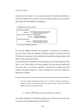 105
3.2.2.4. Les stocks
Avant de voir les calculs, il est nécessaire de préciser les différentes modalités de
calcul des rotations selon le types de stock ainsi que les relations avec les écritures
des comptes de résultat (général et analytique).
Les coûts des différents éléments sont analytiques, c’est-à-dire qu’ils intègrent en
plus des valeurs d’achat des éléments de charges incorporés, en fonction du stade
d’élaboration des produits et de la méthode de comptabilité analytique adoptée, coût
direct ou coût complet par exemple.
Il est important que le numérateur et le dénominateur soient exprimés dans la même
unité. Le cas le plus délicat est celui des produits finis pour lequel la méthode de
calcul des coûts a un rôle plus important. L’utilisation d’un simple coût direct
variable conviendra néanmoins et offrira l’avantage de ne pas être sensible aux
phénomènes d’échelle 1
1. Si un coût complet comportant des charges fixes est utilisé, la montée en production va
entraîner tous les ans une modification des coûts unitaires en prix constants qu’il faudrait
intégrer au calcul des variations de stocks.
• Relations BFR compte de résultat analytique et général
Nous allons schématiser ces différentes relations avec les trois types de stocks, dans
le cas d’une activité de démarrage (stock initial nul).
 