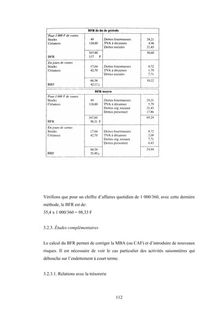 112
Vérifions que pour un chiffre d’affaires quotidien de 1 000/360, avec cette dernière
méthode, le BFR est de:
35,4 x 1 000/360 = 98,33 F
3.2.3. Études complémentaires
Le calcul du BFR permet de corriger la MBA (ou CAF) et d’introduire de nouveaux
risques. Il est nécessaire de voir le cas particulier des activités saisonnières qui
débouche sur l’endettement à court terme.
3.2.3.1. Relations avec la trésorerie
 