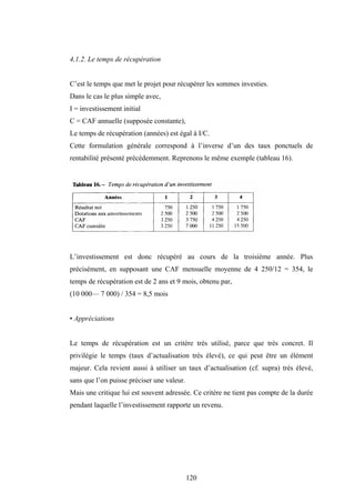 120
4,1.2. Le temps de récupération
C’est le temps que met le projet pour récupérer les sommes investies.
Dans le cas le plus simple avec,
I = investissement initial
C = CAF annuelle (supposée constante),
Le temps de récupération (années) est égal à I/C.
Cette formulation générale correspond à l’inverse d’un des taux ponctuels de
rentabilité présenté précédemment. Reprenons le même exemple (tableau 16).
L’investissement est donc récupéré au cours de la troisième année. Plus
précisément, en supposant une CAF mensuelle moyenne de 4 250/12 = 354, le
temps de récupération est de 2 ans et 9 mois, obtenu par,
(10 000— 7 000) / 354 = 8,5 mois
• Appréciations
Le temps de récupération est un critère très utilisé, parce que très concret. Il
privilégie le temps (taux d’actualisation très élevé), ce qui peut être un élément
majeur. Cela revient aussi à utiliser un taux d’actualisation (cf. supra) très élevé,
sans que l’on puisse préciser une valeur.
Mais une critique lui est souvent adressée. Ce critère ne tient pas compte de la durée
pendant laquelle l’investissement rapporte un revenu.
 