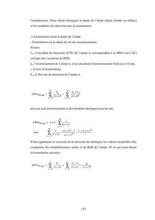 133
l’actualisation. Nous allons distinguer la durée de l’étude (durée limitée ou infinie)
et les modalités de calcul du taux d’actualisation.
1) Formulation selon la durée de l’étude
- Formulation sur la durée de vie des investissements
Posons:
Cn, l’excédent de trésorerie (ETE) de l’année n, correspondant à la MBA (ou CAF)
corrigée des variations de BFR;
In, l’investissement de l’année n, avec une durée d’amortissement fixée ici à 10 ans;
i, le taux d’actualisation;
Fn, le flux net de trésorerie de l’année n.
avec un seul investissement et des résultats identiques tous les ans.
Il faut également se souvenir de la nécessité de réintégrer les valeurs résiduelles (R),
composées des immobilisations nettes et du BFR de l’année 10, ce qui nous donne
la formulation suivante :
 