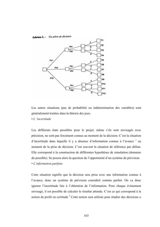 163
Les autres situations (pas de probabilité ou indétermination des variables) sont
généralement traitées dans la théorie des jeux.
• L ‘incertitude
Les différents états possibles pour le projet, même s’ils sont envisagés avec
précision, ne sont pas forcément connus au moment de la décision. C’est la situation
d’incertitude dans laquelle il y a absence d’information connue à l’avance 1
au
moment de la prise de décision. C’est souvent la situation de référence par défaut.
Elle correspond à la construction de différentes hypothèses de simulation (domaine
du possible). Se posera alors la question de l’opportunité d’un système de prévision.
• L’information parfaite
Cette situation signifie que la décision sera prise avec une information connue à
l’avance, donc un système de prévision considéré comme parfait. On va donc
ignorer l’incertitude liée à l’obtention de l’information. Pour chaque événement
envisagé, il est possible de calculer le résultat attendu. C’est ce qui correspond à la
notion de profit en certitude 2
Cette notion sera utilisée pour étudier des décisions a
 