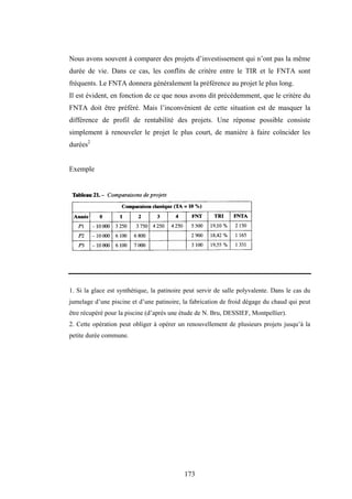 173
Nous avons souvent à comparer des projets d’investissement qui n’ont pas la même
durée de vie. Dans ce cas, les conflits de critère entre le TIR et le FNTA sont
fréquents. Le FNTA donnera généralement la préférence au projet le plus long.
Il est évident, en fonction de ce que nous avons dit précédemment, que le critère du
FNTA doit être préféré. Mais l’inconvénient de cette situation est de masquer la
différence de profil de rentabilité des projets. Une réponse possible consiste
simplement à renouveler le projet le plus court, de manière à faire coïncider les
durées2
Exemple
1. Si la glace est synthétique, la patinoire peut servir de salle polyvalente. Dans le cas du
jumelage d’une piscine et d’une patinoire, la fabrication de froid dégage du chaud qui peut
être récupéré pour la piscine (d’après une étude de N. Bru, DESSIEF, Montpellier).
2. Cette opération peut obliger à opérer un renouvellement de plusieurs projets jusqu’à la
petite durée commune.
 