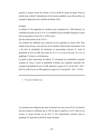 221
associée à chaque niveau de résultat. C’est le profil de risque du projet. Pour en
étudier plus en détail l’interprétation et les diverses modalités, nous allons utiliser un
exemple d’application de la méthode de Monte-Carlo.
Exemple
Le tableau 27 fait apparaître les résultats d’une simulation de 1 500 itérations. La
rentabilité moyenne est de 5,14 %. La rentabilité la plus probable (fréquence la plus
élevée rencontrée) est de 4,26 %. Enfin l’écart-
type des observations est de 2,83 %. -
Ces résultats (les différents taux internes) ont été regroupés en classes (20). Pour
chaque classe de taux, nous pouvons lire le nombre d’observations rencontrées, d’où
a été tirée la probabilité de réalisation en pourcentage (colonne 2). Ainsi la
probabilité d’avoir un TIR situé entre 4,2 et 5,2 % est de 0,134 (soit 13,4 %). Le
graphique 31 retrace ces informations.
La partie la plus intéressante du tableau 27 correspond aux probabilités cumulées
(colonne 4). Nous y lisons la probabilité d’obtenir une rentabilité minimale. Par
exemple la probabilité d’avoir un TIR supérieur ou égal à 4,2 % est de (100—39,4 =
60,6 %), celle d’avoir un TIR supérieur ou égal à 6,1% est de(100 – 64,5 = 35,5%)
1. Voir aussi l’étude de cas.
Ces résultats nous indiquent que, dans le premier cas, nous avons 39,4 % de chances
de nous tromper en affirmant que le TIR est égal ou supérieur à 4,2%. Dans le cas
suivant, le risque d’erreur est de 64,5 %. Ces informations, retracées dans le
graphique 32 expriment le profil de risque du projet.
 
