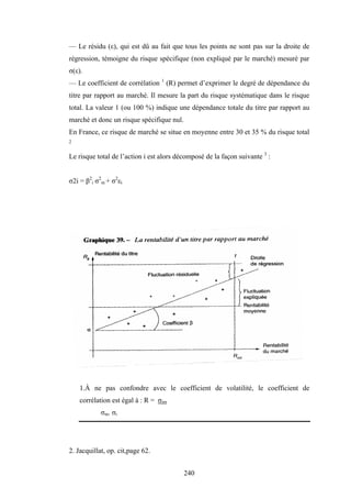 240
— Le résidu (ε), qui est dû au fait que tous les points ne sont pas sur la droite de
régression, témoigne du risque spécifique (non expliqué par le marché) mesuré par
σ(ε).
— Le coefficient de corrélation 1
(R) permet d’exprimer le degré de dépendance du
titre par rapport au marché. Il mesure la part du risque systématique dans le risque
total. La valeur 1 (ou 100 %) indique une dépendance totale du titre par rapport au
marché et donc un risque spécifique nul.
En France, ce risque de marché se situe en moyenne entre 30 et 35 % du risque total
2
Le risque total de l’action i est alors décomposé de la façon suivante 3
:
σ2i = β2
i σ2
m + σ2
εi
1.À ne pas confondre avec le coefficient de volatilité, le coefficient de
corrélation est égal à : R = σim
σm. σi
2. Jacquillat, op. cit,page 62.
 