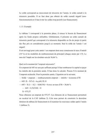 257
Le solde correspond au mouvement de trésorerie de l’année, le solde cumulé à la
trésorerie possédée. Il ne faut donc pas obtenir de solde cumulé négatif (non-
fonctionnement) et il faut éviter les soldes trop positifs (sur-financement).
1.1.5. Exemple
Le tableau 1 correspond à la première phase, il retrace le besoin de financement
après les fonds propres utilisables. Globalement, il présente un solde cumulé de
trésorerie positif qui correspond à la trésorerie disponible en fin de projet (à partir
des flux pris en considération jusqu’à ce moment). Seul le solde de l’année 1 est
négatif.
Il est envisagé pour cette année 1 un emprunt dont nous connaissons le taux d’intérêt
(10 %) et les modalités de remboursement du principal (chaque année par 1/5). Le
taux de l’impôt sur les résultats sera de 36,66 %.
Quel est le montant de l’emprunt nécessaire?
Un emprunt de 645 ne sera pas suffisant puisqu’il faut rembourser le capital et payer
les intérêts dès la première année. Il faut donc le calculer. Posons X le montant de
l’emprunt recherché. Pour la première année, l’équation est la suivante.
— Solde + emprunt — remboursements emprunt — intérêts + économie d’IS
— 645+X—X/5-(l—txIS)x0,1X=0
— 645 + X (1— 0,2— 0,06334) = 0 avec un taux d’IS = 36,66 %
— 645 + 0,76334X = 0
X= 875,57
Nous obtenons un emprunt de 875,57. Les éléments de ce financement permettent
un recalcul de la CAF (tableau 2). Cela nous permet de construire la deuxième
itération du tableau de financement et d’examiner les nouveaux soldes après l’année
1 (tableau 3).
 