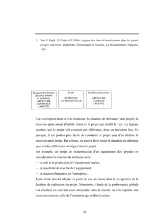 26
1. Voir E Engel, D. Fixari et E Pallez, Logique des choix d’investissement dans les grands
groupes industriels, Recherches Économiques et Sociales, La Documentation Française,
1985.
Ceci correspond donc à trois situations: la situation de référence (sans projet), la
situation après projet (finalité visée) et le projet qui établit le lien. La logique
voudrait que le projet soit construit par différence, donc en troisième lieu. En
pratique, il est parfois plus facile de construire le projet puis d’en déduire la
situation après projet. Par ailleurs, on pourra faire varier la situation de référence
pour étudier différentes stratégies dans le projet.
Par exemple, un projet de modernisation d’un équipement doit prendre en
considération la situation de référence avec:
— le coût et la production de l’équipement ancien;
— la possibilité de revente de l’équipement;
— la situation financière de l’entreprise...
Toute étude devrait adopter ce point de vue au moins dans la perspective de la
décision de réalisation du projet. Néanmoins l’étude de la performance globale
(ou absolue) est souvent aussi nécessaire dans la mesure où elle exprime une
situation concrète, celle de l’entreprise qui réalise le projet.
 