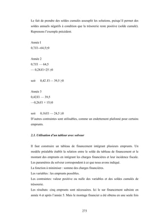 273
Le fait de prendre des soldes cumulés assouplit les solutions, puisqu’il permet des
soldes annuels négatifs à condition que la trésorerie reste positive (solde cumulé).
Reprenons l’exemple précédent.
Année I
0,7X1--64,5≥0
Année 2
0,7X1 — 64,5
— 0,28X1+25 ≥0
soit 0,42 X1— 39,5 ≥0
Année 3
0,42X1 — 39,5
—0,26X1 + 15≥0
soit 0,16X1 — 24,5 ≥0
D’autres contraintes sont utilisables, comme un endettement plafonné pour certains
emprunts.
2.3. Utilisation d’un tableur avec solveur
Il faut construire un tableau de financement intégrant plusieurs emprunts. Un
modèle préalable établit la relation entre le solde du tableau de financement et le
montant des emprunts en intégrant les charges financières et leur incidence fiscale.
Les paramètres du solveur correspondent à ce que nous avons indiqué.
La fonction à minimiser : somme des charges financières.
Les variables : les emprunts possibles.
Les contraintes: valeur positive ou nulle des variables et des soldes cumulés de
trésorerie.
Les résultats: cinq emprunts sont nécessaires. Ici le sur financement subsiste en
année 4 et après l’année 5. Mais le montage financier a été obtenu en une seule fois
 