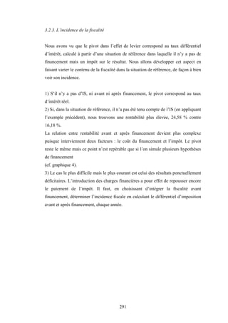 291
3.2.3. L’incidence de la fiscalité
Nous avons vu que le pivot dans l’effet de levier correspond au taux différentiel
d’intérêt, calculé à partir d’une situation de référence dans laquelle il n’y a pas de
financement mais un impôt sur le résultat. Nous allons développer cet aspect en
faisant varier le contenu de la fiscalité dans la situation de référence, de façon à bien
voir son incidence.
1) S’il n’y a pas d’IS, ni avant ni après financement, le pivot correspond au taux
d’intérêt réel.
2) Si, dans la situation de référence, il n’a pas été tenu compte de l’IS (en appliquant
l’exemple précédent), nous trouvons une rentabilité plus élevée, 24,58 % contre
16,18 %.
La relation entre rentabilité avant et après financement devient plus complexe
puisque interviennent deux facteurs : le coût du financement et l’impôt. Le pivot
reste le même mais ce point n’est repérable que si l’on simule plusieurs hypothèses
de financement
(cf. graphique 4).
3) Le cas le plus difficile mais le plus courant est celui des résultats ponctuellement
déficitaires. L’introduction des charges financières a pour effet de repousser encore
le paiement de l’impôt. Il faut, en choisissant d’intégrer la fiscalité avant
financement, déterminer l’incidence fiscale en calculant le différentiel d’imposition
avant et après financement, chaque année.
 