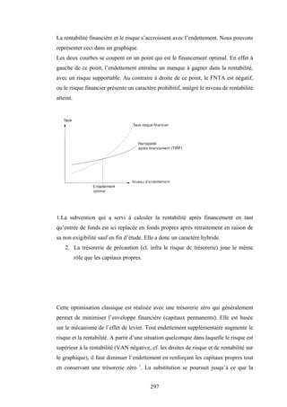 297
La rentabilité financière et le risque s’accroissent avec l’endettement. Nous pouvons
représenter ceci dans un graphique.
Les deux courbes se coupent en un point qui est le financement optimal. En effet à
gauche de ce point, l’endettement entraîne un manque à gagner dans la rentabilité,
avec un risque supportable. Au contraire à droite de ce point, le FNTA est négatif,
ou le risque financier présente un caractère prohibitif, malgré le niveau de rentabilité
atteint.
1.La subvention qui a servi à calculer la rentabilité après financement en tant
qu’entrée de fonds est ici replacée en fonds propres après retraitement en raison de
sa non exigibilité sauf en fin d’étude. Elle a donc un caractère hybride.
2. La trésorerie de précaution (cl. infra le risque dc trésorerie) joue le même
rôle que les capitaux propres.
Cette optimisation classique est réalisée avec une trésorerie zéro qui généralement
permet de minimiser l’enveloppe financière (capitaux permanents). Elle est basée
sur le mécanisme de l’effet de levier. Tout endettement supplémentaire augmente le
risque et la rentabilité. A partir d’une situation quelconque dans laquelle le risque est
supérieur à la rentabilité (VAN négative, cf. les droites de risque et de rentabilité sur
le graphique), il faut diminuer l’endettement en renforçant les capitaux propres tout
en conservant une trésorerie zéro 1
. La substitution se poursuit jusqu’à ce que la
 