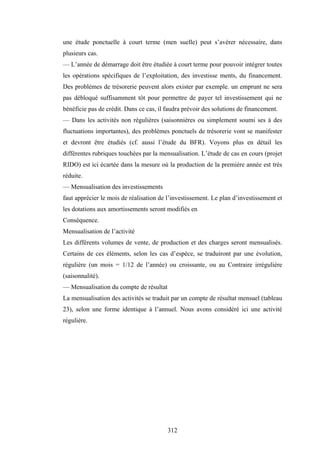 312
une étude ponctuelle à court terme (men suelle) peut s’avérer nécessaire, dans
plusieurs cas.
— L’année de démarrage doit être étudiée à court terme pour pouvoir intégrer toutes
les opérations spécifiques de l’exploitation, des investisse ments, du financement.
Des problèmes de trésorerie peuvent alors exister par exemple. un emprunt ne sera
pas débloqué suffisamment tôt pour permettre de payer tel investissement qui ne
bénéficie pas de crédit. Dans ce cas, il faudra prévoir des solutions de financement.
— Dans les activités non régulières (saisonnières ou simplement soumi ses à des
fluctuations importantes), des problèmes ponctuels de trésorerie vont se manifester
et devront être étudiés (cf. aussi l’étude du BFR). Voyons plus en détail les
différentes rubriques touchées par la mensualisation. L’étude de cas en cours (projet
RIDO) est ici écartée dans la mesure où la production de la première année est très
réduite.
— Mensualisation des investissements
faut apprécier le mois de réalisation de l’investissement. Le plan d’investissement et
les dotations aux amortissements seront modifiés en
Conséquence.
Mensualisation de l’activité
Les différents volumes de vente, de production et des charges seront mensualisés.
Certains de ces éléments, selon les cas d’espèce, se traduiront par une évolution,
régulière (un mois = 1/12 de l’année) ou croissante, ou au Contraire irrégulière
(saisonnalité).
— Mensualisation du compte de résultat
La mensualisation des activités se traduit par un compte de résultat mensuel (tableau
23), selon une forme identique à l’annuel. Nous avons considéré ici une activité
régulière.
 