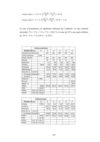345
Le taux d’actualisation est également influencé par l’inflation. Le taux minimal
deviendra: 7% + 3 % + 3 % x 7 % = 10,21 %. Le taux de 10 % sera après inflation
de: 10 % + 3 % + 3 % x10 % = 13.30 %.
 