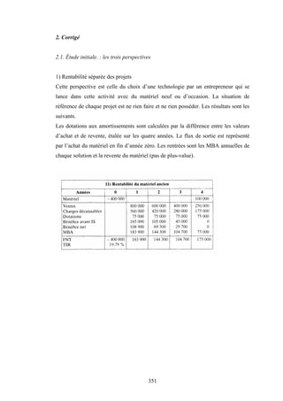 351
2. Corrigé
2.1. Étude initiale. : les trois perspectives
1) Rentabilité séparée des projets
Cette perspective est celle du choix d’une technologie par un entrepreneur qui se
lance dans cette activité avec du matériel neuf ou d’occasion. La situation de
référence de chaque projet est ne rien faire et ne rien posséder. Les résultats sont les
suivants.
Les dotations aux amortissements sont calculées par la différence entre les valeurs
d’achat et de revente, étalée sur les quatre années. Le flux de sortie est représenté
par l’achat du matériel en fin d’année zéro. Les rentrées sont les MBA annuelles de
chaque solution et la revente du matériel (pas de plus-value).
 