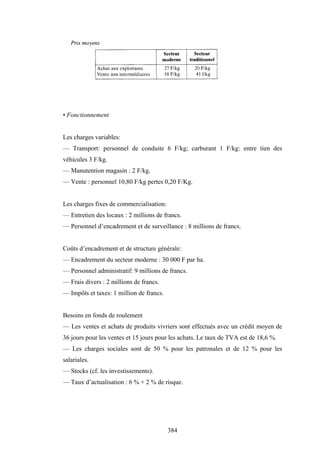 384
• Fonctionnement
Les charges variables:
— Transport: personnel de conduite 6 F/kg; carburant 1 F/kg: entre tien des
véhicules 3 F/kg.
— Manutention magasin : 2 F/kg.
— Vente : personnel 10,80 F/kg pertes 0,20 F/Kg.
Les charges fixes de commercialisation:
— Entretien des locaux : 2 millions de francs.
— Personnel d’encadrement et de surveillance : 8 millions de francs.
Coûts d’encadrement et de structure générale:
— Encadrement du secteur moderne : 30 000 F par ha.
— Personnel administratif: 9 millions de francs.
— Frais divers : 2 millions de francs.
— Impôts et taxes: 1 million de francs.
Besoins en fonds de roulement
— Les ventes et achats de produits vivriers sont effectués avec un crédit moyen de
36 jours pour les ventes et 15 jours pour les achats. Le taux de TVA est de 18,6 %.
— Les charges sociales sont de 50 % pour les patronales et de 12 % pour les
salariales.
— Stocks (cf. les investissements).
— Taux d’actualisation : 6 % + 2 % de risque.
 