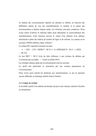 390
Le tableau des investissements reprend ces données et affiche, en fonction des
différentes durées de vies des immobilisations, le nombre et la nature des
investissements à réaliser chaque année. Les formules sont plus complexes. Nous
avons choisi d’utiliser la fonction Index pour déterminer le renouvellement des
immobilisations. Cette fonction renvoie la valeur d’un élément d’un tableau,
sélectionné à partir des indices de numéro de ligne et de colonne. La syntaxe est la
suivante: INDEX (tableau, ligne, colonne) 1
La cellule D31 reprend la formule suivante:
• = D22 — C22 + SI(D$17 < $C13+1 ; 0 ; INDEX($C31 : $L31 ; 1; D$26
— $C13))
Le test D$17 < $C13 évite de faire référence à une colonne du tableau qui
n’existerait pas (exemple : — 3 pour la cellule D31).
Les résultats obtenus (plan des investissements) sont les suivants.
Ce profil très particulier se caractérise par une certaine permanence de
l’investissement.
Nous avons aussi calculé les dotations aux amortissements, ce qui ne présente
aucune difficulté, la technique utilisée étant le linéaire.
2.2. Compte de résultat
Il est établi à partir d’un tableau de données de prix et de volumes, destiné à faciliter
les simulations.
 