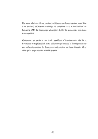 403
Une autre solution évidente consiste à réaliser un sur-financement en année 1 (si
c’est possible) en profitant davantage de l’emprunt à 4%. Cette solution fait
baisser le CMP du financement et améliore l’effet de levier, mais son risque
reste trop élevé.
Conclusion: ce projet a un profil spécifique d’investissement très lié à
l’évolution de la production. Cette caractéristique marque le montage financier
par un besoin constant de financement qui entraîne un risque financier élevé
alors que le projet manque de fonds propres.
 