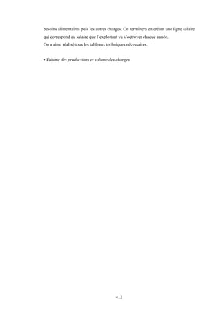 413
besoins alimentaires puis les autres charges. On terminera en créant une ligne salaire
qui correspond au salaire que l’exploitant va s’octroyer chaque année.
On a ainsi réalisé tous les tableaux techniques nécessaires.
• Volume des productions et volume des charges
 