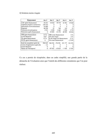449
4) Solution moins risquée
Ce cas a permis de récapituler, dans un cadre simplifié, une grande partie de la
démarche de l’évaluation ainsi que l’intérêt des différentes simulations que l’on peut
réaliser.
 