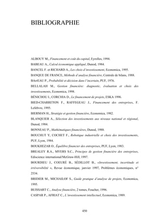 450
BIBLIOGRAPHIE
ALBOUY M., Financement et coût du capital, Eyrolles, 1994.
BABEAU A., Calcul économique appliqué, Dunod, 1984.
BANCEL F. et RICHARD A., Les choix d’investissement, Economica, 1995.
BANQUE DE FRANCE, Méthode d’analyse financière, Centrale de bilans, 1988.
BArrEAU P., Probabilité et décision dans l’incertain, PUF, 1976.
BELLALAH M., Gestion financière: diagnostic, évaluation et choix des
investissements, Economica, 1998.
BÉNICHOU I., CORCHIA D., Le financement de projets, ESKA 1996.
BIED-CHARRETON F., RAFFEGEAU J., Financement des entreprises, F.
Lefebvre, 1995.
BIERMAN H., Stratégie et gestion financière, Economica, 1982.
BLANQUIER A., Sélection des investissements aux niveaux national et régional,
Dunod, 1984.
BONNEAU P., Mathématiques financières, Dunod, 1988.
BOUCHUT Y, COCHET F., Robotique industrielle et choix des investissements,
PUF, Lyon, 1984.
BOUKHEZAR O., Équilibre financier des entreprises, PUF, Lyon, 1983.
BREALEY R.A., MYERS S.C., Principes de gestion financière des entreprises,
Ediscience international/McGraw-Hill, 1997.
BOURDIEU J., COEURÉ B., SÉDILLOT B., «Investissement, incertitude et
irréversibilité », Revue économique, janvier 1997, Problèmes économiques, n°
2534.
BRIDIER M., MICHAILOF S., Guide pratique d’analyse de projets, Economica,
1995.
BUISSART C., Analyse financière, 2 tomes, Foucher, 1996.
CASPAR P., AFRIAT C., L’investissement intellectuel, Economica, 1989.
 