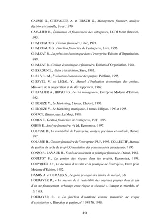 451
CAUSSE G., CHEVALIER A. et HIRSCH G., Management financier, analyse
décision et contrôle, Sirey, 1979.
CAVALIER B., Évaluation et financement des entreprises, LGDJ Mont chrestien,
1995.
CHARREAUX G., Gestion financière, Litec, 1993.
CHARREAUX G., Fonction financière de l’entreprise, Litec, 1996.
CHARZAT R., La prévision économique dans l’entreprise, Éditions d’Organisation,
1989.
CHARZAT R., Gestion économique et financière, Éditions d’Organisation, 1984.
CHEKROUN E., Aides à la décision, Sirey, 1985.
CHER VEL M., Évaluation économique des projets, Publisud, 1995.
CHERVEL M. et LEGAL Y., Manuel d’évaluation économique des projets,
Ministère de la coopération et du développement, 1989.
CHEVALIER A., HIRSCH G., Le risk management, Entreprise Moderne d’Edition,
1982.
CHIROUZE Y., Le Marketing, 2 tomes, Chotard, 1993.
CHIROUZE Y., Le Marketing stratégique, 2 tomes, Ellipses, 1993 et 1995.
COFACE, Risque pays, Le Moci, 1998.
COHEN E., Gestion financière de l’entreprise, PUF, 1985.
C0HEN E., Analyse financière, 4e éd., Economica. 1997.
COLASSE B., La rentabilité de l’entreprise, analyse prévision et contrôle, Dunod,
1987.
COLASSE B., Gestion financière de l’entreprise, PUF, 1993. COLLECTIF, Manuel
de gestion du cycle de projet, Commission des communautés européennes, 1993.
CONSO P., LAVAUD R., Fonds de roulement et politique financière, Dunod, 1982.
COURTOT H., La gestion des risques dans les projets, Economica, 1998.
COUVREUR J.P., La décision d’investir et la politique de l’entreprise, Entre prise
Moderne d’Edition, 1982.
DANON A. et DEMAUX S., Le guide pratique des études de marché, Edi
HOUDAYER R., « La mesure de la rentabilité des capitaux propres dans le cas
d’un sur-financement, arbitrage entre risque et sécurité », Banque et marchés, n°
10, 1993.
HOUDAYER R., « La fonction d’élasticité comme indicateur de risque
d’exploitation », Direction et gestion, n° 169/170, 1998.
 