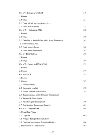 459
Cas n ° 2 Entreprise SECRET 349
1. Enoncé
2. Corrigé 351
2.1. Etude initiale les trois perspectives
2.2. Etude avec inflation 355
Cas n° 3 — Entreprise AMS 358
1. Énoncé
2. Corrigé 360
2.1. Calcul de la rentabilité du projet avant financement 361
et avant hausse de prix
2.2. Etude après inflation 362
2.3. Etude après financement 363
Cas n°4-HYDROGEL 366
1. Enoncé
2. Corrigé 368
Cas n °5 - Entreprise FINANCEM 375
1. Enoncé
2. Corrigé 377
Cas n°6—PCV 383
1. Enoncé
2. Corrigé 387
2.1. Investissements
2.2. Compte de résultat 390
2.3. Besoin en fonds de roulement 395
2.4. Taux interne de rentabilité avant financement
2.5. Tableau de financement
2.6. Résultats après financement 398
2.7. Amélioration du montage financier 401
Cas n° 7 — Projet PICO 404
1. Objectif de l’étude
1.1. Le projet 405
1.2. Principe de la production laitière
1.3. Gestion d’un troupeau de vaches laitières 406
2. Présentation de l’exploitation 407
 