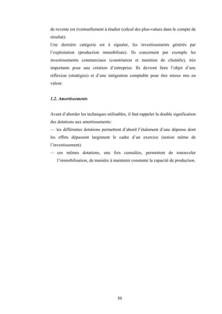50
de revente est éventuellement à étudier (calcul des plus-values dans le compte de
résultat).
Une dernière catégorie est à signaler, les investissements générés par
l’exploitation (production immobilisée). Ils concernent par exemple les
investissements commerciaux (constitution et maintien de clientèle), très
importants pour une création d’entreprise. Ils devront faire l’objet d’une
réflexion (stratégies) et d’une intégration comptable pour être mieux mis en
valeur.
1.2. Amortissements
Avant d’aborder les techniques utilisables, il faut rappeler la double signification
des dotations aux amortissements:
— les différentes dotations permettent d’abord l’étalement d’une dépense dont
les effets dépassent largement le cadre d’un exercice (notion même de
l’investissement)
— ces mêmes dotations, une fois cumulées, permettent de renouveler
l’immobilisation, de manière à maintenir constante la capacité de production.
 