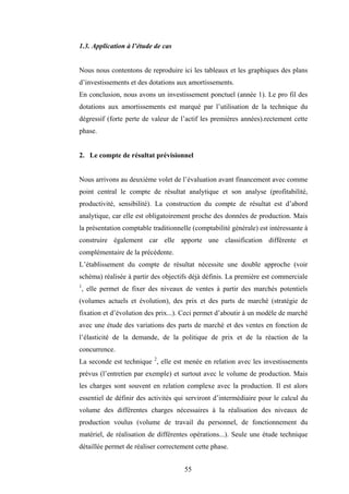 55
1.3. Application à l’étude de cas
Nous nous contentons de reproduire ici les tableaux et les graphiques des plans
d’investissements et des dotations aux amortissements.
En conclusion, nous avons un investissement ponctuel (année 1). Le pro fil des
dotations aux amortissements est marqué par l’utilisation de la technique du
dégressif (forte perte de valeur de l’actif les premières années).rectement cette
phase.
2. Le compte de résultat prévisionnel
Nous arrivons au deuxième volet de l’évaluation avant financement avec comme
point central le compte de résultat analytique et son analyse (profitabilité,
productivité, sensibilité). La construction du compte de résultat est d’abord
analytique, car elle est obligatoirement proche des données de production. Mais
la présentation comptable traditionnelle (comptabilité générale) est intéressante à
construire également car elle apporte une classification différente et
complémentaire de la précédente.
L’établissement du compte de résultat nécessite une double approche (voir
schéma) réalisée à partir des objectifs déjà définis. La première est commerciale
1
, elle permet de fixer des niveaux de ventes à partir des marchés potentiels
(volumes actuels et évolution), des prix et des parts de marché (stratégie de
fixation et d’évolution des prix...). Ceci permet d’aboutir à un modèle de marché
avec une étude des variations des parts de marché et des ventes en fonction de
l’élasticité de la demande, de la politique de prix et de la réaction de la
concurrence.
La seconde est technique 2
, elle est menée en relation avec les investissements
prévus (l’entretien par exemple) et surtout avec le volume de production. Mais
les charges sont souvent en relation complexe avec la production. Il est alors
essentiel de définir des activités qui serviront d’intermédiaire pour le calcul du
volume des différentes charges nécessaires à la réalisation des niveaux de
production voulus (volume de travail du personnel, de fonctionnement du
matériel, de réalisation de différentes opérations...). Seule une étude technique
détaillée permet de réaliser correctement cette phase.
 