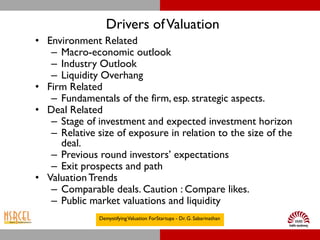 Drivers of Valuation
• Environment Related
   – Macro-economic outlook
   – Industry Outlook
   – Liquidity Overhang
• Firm Related
   – Fundamentals of the firm, esp. strategic aspects.
• Deal Related
   – Stage of investment and expected investment horizon
   – Relative size of exposure in relation to the size of the
     deal.
   – Previous round investors’ expectations
   – Exit prospects and path
• Valuation Trends
   – Comparable deals. Caution : Compare likes.
   – Public market valuations and liquidity
               Demystifying Valuation ForStartups - Dr. G. Sabarinathan
 