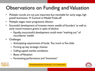 Observations on Funding and Valuation
• Multiple rounds are not just important but inevitable for early stage, high
  growth businesses  Control vs Wealth Trade-off
• Multiple stages mean progressive dilution
• Successful development of investee means wealth of founders’ as well as
  early round investors grows in spite of decline
   – Equally, unsuccessful development could mean “washing out” of
      incumbents’ wealth
• Challenges
   – Anticipating requirement of funds: Too much vs Too little
   – Firming up key strategic choices
   – Calling capital market conditions
   – Bases of Valuation
   – Forecasting performance and “Incentives”

                      Demystifying Valuation ForStartups - Dr. G. Sabarinathan
 