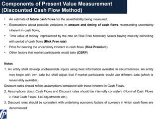 Components of Present Value Measurement
(Discounted Cash Flow Method)
• An estimate of future cash flows for the asset/liability being measured;
• Expectations about possible variations in amount and timing of cash flows representing uncertainty
inherent in cash flows;
• Time value of money, represented by the rate on Risk Free Monetary Assets having maturity coinciding
with period of cash flows (Risk Free rate)
• Price for bearing the uncertainty inherent in cash flows (Risk Premium)
• Other factors that market participants would take (CSRP)
Notes
1. An entity shall develop unobservable inputs using best information available in circumstances. An entity
may begin with own data but shall adjust that if market participants would use different data (which is
reasonably available).
Discount rates should reflect assumptions consistent with those inherent in Cash Flows.
2. Assumptions about Cash Flows and Discount rates should be internally consistent (Nominal Cash Flows
v, Real Cash Flows, Tax adjustments etc.)
3. Discount rates should be consistent with underlying economic factors of currency in which cash flows are
denominated
 