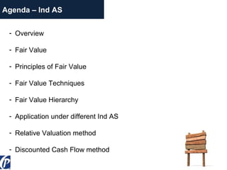 - Overview
- Fair Value
- Principles of Fair Value
- Fair Value Techniques
- Fair Value Hierarchy
- Application under different Ind AS
- Relative Valuation method
- Discounted Cash Flow method
Agenda – Ind AS
 