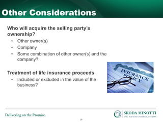 23
Other Considerations
Who will acquire the selling party’s
ownership?
• Other owner(s)
• Company
• Some combination of other owner(s) and the
company?
Treatment of life insurance proceeds
• Included or excluded in the value of the
business?
 