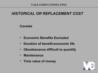 VALUATION CONSULTING


HISTORICAL OR REPLACEMENT COST


   Caveats


   • Economic Benefits Excluded
   • Duration of benefit-economic life
   • Obsolescence difficult to quantify
   • Maintenance
   • Time value of money
 