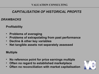 VALUATION CONSULTING

       CAPITALISATION OF HISTORICAL PROFITS

DRAWBACKS

  Profitability

  •   Problems of averaging
  •   Problems of extrapolating from past performance
  •   Decline & other key variables
  •   Net tangible assets not separately assessed

  Multiple

  • No reference point for price earnings multiple
  • Often no regard to established marketplace
  • Often no reconciliation with market capitalisation
 
