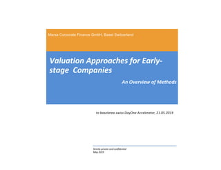 Marsa Corporate Finance GmbH, Basel Switzerland
Valuation Approaches for Early-
stage Companies
Strictly private andconfidential
May 2019
An Overview of Methods
to baselarea.swiss DayOne Accelerator, 21.05.2019
 