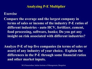 Analyzing P-E Multiplier Exercise Compare the average and the largest company in terms of sales or income of the industry P-E ratios of different industries - auto HCV, fertilizer, cement, food processing, software, banks; Do you get any insight on risk associated with different industries? Analyze P-E of top five companies (in terms of sales or asset) of any industry of your choice.  Explain the differences in the P-E through some financial ratios and other market inputs. 