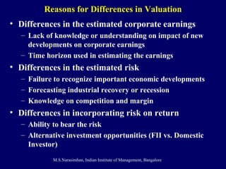 Reasons for Differences in Valuation Differences in the estimated corporate earnings Lack of knowledge or understanding on impact of new developments on corporate earnings Time horizon used in estimating the earnings Differences in the estimated risk  Failure to recognize important economic developments Forecasting industrial recovery or recession Knowledge on competition and margin Differences in incorporating risk on return Ability to bear the risk Alternative investment opportunities (FII vs. Domestic Investor) 