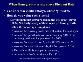 When firms grow at a rate above Discount Rate Consider stocks like Infosys, whose ‘g’ is 60% How do you value such stocks? Do you think that software companies will grow forever 100%; Not likely; many of them reported lower growth Follow the following assumptions Assume the current growth rate will sustain for next 5 yrs Assume the growth rate will come down by 50% of the current growth rate for year 6 to 10. - 30% Assume from year 11 to 15, it is still 50% down - 15% Assume from year 16 onwards, the firm grow at 7.5% Use cash profit for computing the value;  current Cash Profit per share is Rs. 112.5 
