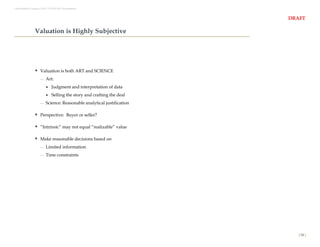Last Modified: August 9, 2011 12:37:09 AM. Presentation2



                                                                           DRAFT

                  Valuation is Highly Subjective




                   Valuation is both ART and SCIENCE
                           Art:
                             Judgment and interpretation of data
                             Selling the story and crafting the deal
                           Science: Reasonable analytical justification

                   Perspective: Buyer or seller?

                   “Intrinsic” may not equal “realizable” value

                   Make reasonable decisions based on
                           Limited information
                           Time constraints




                                                                              [ 15 ]
 