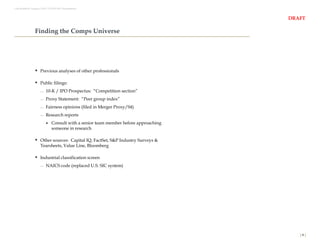 Last Modified: August 9, 2011 12:37:09 AM. Presentation2



                                                                                     DRAFT

                  Finding the Comps Universe




                   Previous analyses of other professionals

                   Public filings:
                           10-K / IPO Prospectus: “Competition section”
                           Proxy Statement: “Peer group index”
                           Fairness opinions (filed in Merger Proxy/S4)
                           Research reports
                             Consult with a senior team member before approaching
                              someone in research

                   Other sources: Capital IQ, FactSet, S&P Industry Surveys &
                       Tearsheets, Value Line, Bloomberg

                   Industrial classification screen
                           NAICS code (replaced U.S. SIC system)




                                                                                        [8]
 