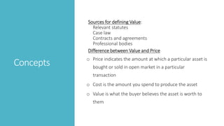 Concepts
Sources for defining Value:
Relevant statutes
Case law
Contracts and agreements
Professional bodies
Difference between Value and Price
o Price indicates the amount at which a particular asset is
bought or sold in open market in a particular
transaction
o Cost is the amount you spend to produce the asset
o Value is what the buyer believes the asset is worth to
them
 