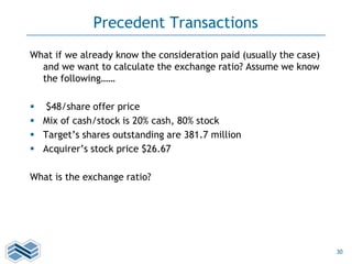 30
Precedent Transactions
What if we already know the consideration paid (usually the case)
and we want to calculate the exchange ratio? Assume we know
the following……
 $48/share offer price
 Mix of cash/stock is 20% cash, 80% stock
 Target’s shares outstanding are 381.7 million
 Acquirer’s stock price $26.67
What is the exchange ratio?
 