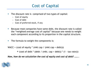 40
Cost of Capital
 The discount rate is comprised of two types of capital:
 Cost of equity
 Cost of debt
 Cost of preferred stock, if any
 Because most companies have some debt, the discount rate is called
the “weighted average cost of capital” because one needs to weight
each component according to its proportion in the capital structure.
 The formula to weight the components is:
WACC = (cost of equity * (mkt cap / (mkt cap + debt)))
+ (cost of debt * (debt / (mkt. cap + debt)) * (1 – tax rate)))
Now, how do we calculation the cost of equity and cost of debt? ……..
 