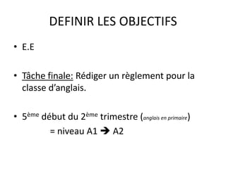 DEFINIR LES OBJECTIFSE.E  Tâche finale: Rédiger un règlement pour la classe d’anglais.5ème début du 2ème trimestre (anglais en primaire)                = niveau A1  A2