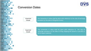 Conversion Dates
The conversion in value shall be done with reference to the rate of exchange
prevalent on the date of filing bill of entry
Imported
Goods
The conversion in value shall be done with reference to the rate of
exchange prevalent on the date of filing shipping bill (vessel or aircraft) or
bill of export (vehicle)
Exported
Goods
 