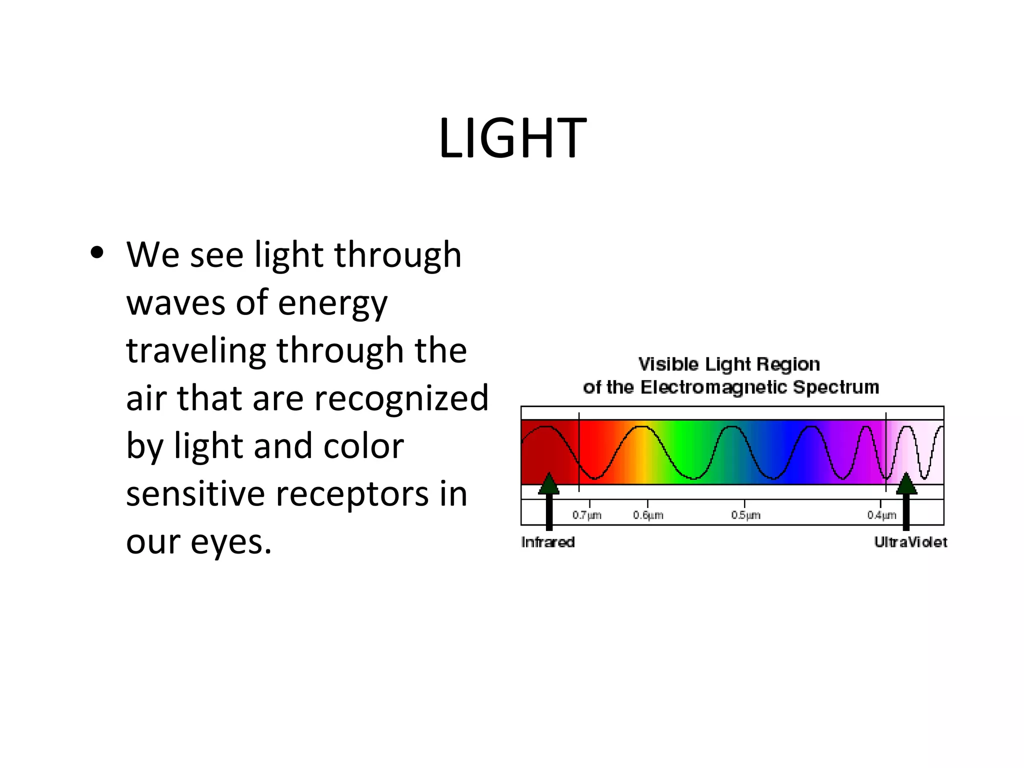 LIGHT
• We see light through
  waves of energy
  traveling through the
  air that are recognized
  by light and color
  sensitive receptors in
  our eyes.
 