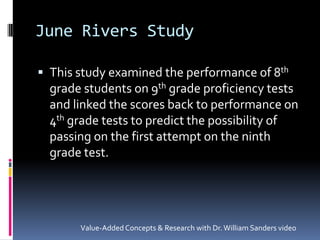 June Rivers StudyThis study examined the performance of 8th grade students on 9th grade proficiency tests and linked the scores back to performance on 4th grade tests to predict the possibility of passing on the first attempt on the ninth grade test.Value-Added Concepts & Research with Dr. William Sanders video