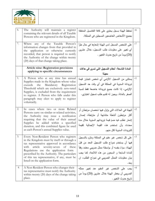 13
6. The Authority will maintain a register
containing the relevant details of all Taxable
Persons who are registered in the Kingdom.
‫يحتوي‬ ‫بسجل‬ ‫الهيئة‬ ‫تحتفظ‬‫المتعلقة‬ ‫التفاصيل‬ ‫كافة‬ ‫على‬
‫الخاضعين‬ ‫األشخاص‬ ‫بجميع‬‫المسجلين‬.‫المملكة‬ ‫في‬
6-
7. Where any of the Taxable Person’s
information changes from that provided in
the application or otherwise currently
recorded, that person is required to notify
the Authority of the change within twenty
(20) days of that change taking place.
‫المس‬ ‫الشخص‬ ‫على‬‫أ‬‫ر‬‫ط‬ ‫حال‬ ‫في‬ ‫ها‬‫إشعار‬ ‫الهيئة‬ ‫لدى‬ ‫جل‬
‫طلب‬ ‫معلومات‬ ‫على‬ ‫تغيير‬ ‫أي‬‫ال‬‫تسجيل‬،‫خالل‬‫ين‬‫ر‬‫عش‬
(20)‫يخ‬‫ر‬‫تا‬ ‫من‬ ً‫ا‬‫يوم‬‫حدوث‬‫التغيير‬.
7-
Article nine: Registration provisions
applying to specific circumstances
‫حاالت‬ ‫في‬ ‫ي‬‫تسر‬ ‫التي‬ ‫التسجيل‬ ‫أحكام‬ :‫التاسعة‬ ‫المادة‬
‫معينة‬
1. A Person who at any time has annual
Supplies made in the Kingdom whose value
exceeds the Mandatory Registration
Threshold which are exclusively zero-rated
Supplies, is excluded from the requirement
to register. A Person who falls under this
paragraph may elect to apply to register
voluntarily.
‫التسجيل‬ ‫من‬ ‫يستثنى‬‫امي‬‫ز‬‫االل‬‫قيمة‬ ‫تتجاوز‬ ‫شخص‬ ‫أي‬
‫التسجيل‬ ‫حد‬ ‫وقت‬ ‫أي‬ ‫في‬ ‫المملكة‬ ‫في‬ ‫السنوية‬ ‫يداته‬‫ر‬‫تو‬
‫امي‬‫ز‬‫اإلل‬‫فقط‬ ‫خاضعة‬ ‫يداته‬‫ر‬‫تو‬ ‫جميع‬ ‫كانت‬ ‫إذا‬ ،‫لنسبة‬
‫بالمائة‬ ‫الصفر‬.‫و‬.‫ي‬‫اختيار‬ ‫تسجيل‬ ‫طلب‬ ‫تقديم‬ ‫له‬ ‫يجوز‬
1-
2. In cases where two or more Related
Persons carry on similar or related activities,
the Authority may issue a notification
requiring that the value of their annual
Supplies be added within a specified
duration, and this combined figure be used
as each Person’s annual Supplies value.
‫للهيئة‬‫شخصان‬ ‫فيها‬ ‫اول‬‫ز‬‫ي‬ ‫التي‬ ‫الحاالت‬ ‫في‬‫تبطان‬‫ر‬‫م‬‫أو‬
‫أو‬ ‫متشابهة‬ ‫أنشطة‬ ‫تبطون‬‫ر‬‫م‬ ‫أكثر‬‫إصدار‬ ،‫ابطة‬‫ر‬‫مت‬
‫مدة‬ ‫خالل‬ ‫السنوية‬ ‫يداتهم‬‫ر‬‫تو‬ ‫قيمة‬ ّ‫ضم‬ ‫فيه‬ ‫تطلب‬ ‫إشعار‬
‫كقيمة‬ ‫اإلجمالية‬ ‫القيمة‬ ‫هذه‬ ‫تستخدم‬ ‫أن‬‫و‬ ،‫محددة‬
‫السنوية‬ ‫يدات‬‫ر‬‫للتو‬‫منهم‬ ‫لكل‬.
2-
3. Every Non-Resident Person who registers
in the Kingdom must by itself or through a
tax representative approved in accordance
with article seventy-seven of these
Regulations use the application form
prescribed by the Authority. The particulars
of this tax representative, if any, must be
listed on the application form.
‫بالتسجيل‬ ‫وملزم‬ ‫المملكة‬ ‫في‬ ‫مقيم‬ ‫غير‬ ‫شخص‬ ‫كل‬ ‫على‬
‫في‬‫ها‬‫التسجيل‬ ‫طلب‬ ‫نموذج‬ ‫يستخدم‬ ‫أن‬‫قبل‬ ‫من‬ ‫المعد‬
،‫الهيئة‬ً‫ا‬‫وفق‬ ‫معتمد‬ ‫يبي‬‫ر‬‫ض‬ ‫ممثل‬ ‫اسطة‬‫و‬‫ب‬ ‫أو‬ ‫بنفسه‬ ً‫اء‬‫و‬‫س‬
‫ال‬ ‫للمادة‬‫السبعون‬ ‫و‬ ‫سابعة‬‫يجب‬ ‫كما‬ ،‫الالئحة‬ ‫هذه‬ ‫من‬
‫الطلب‬ ‫نموذج‬ ‫في‬ ‫يبي‬‫ر‬‫الض‬ ‫الممثل‬ ‫معلومات‬ ‫بيان‬‫ان‬ ،
.‫وجد‬
3-
4. A Non-Resident Person who changes their
tax representative must notify the Authority
within twenty (20) days of the change taking
place.
‫تغيير‬ ‫عند‬ ‫المقيم‬ ‫غير‬ ‫الشخص‬ ‫على‬ ‫يجب‬‫ممثله‬
‫خالل‬ ‫الهيئة‬ ‫يخطر‬ ‫أن‬ ‫يبي‬‫ر‬‫الض‬‫ي‬‫ر‬‫عش‬‫ن‬(20)‫من‬ ً‫ا‬‫يوم‬
.‫التغيير‬ ‫حدوث‬ ‫يخ‬‫ر‬‫تا‬
4-
 