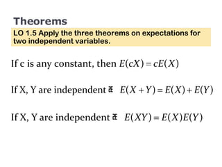 Theorems LO 1.5 Apply the three theorems on expectations for two independent variables. 