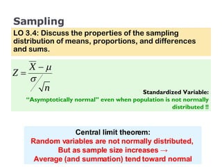 Sampling LO 3.4: Discuss the properties of the sampling distribution of means, proportions, and differences and sums. Standardized Variable: “ Asymptotically normal” even when population is not normally distributed !! Central limit theorem: Random variables are not normally distributed,  But as sample size increases  -> Average (and summation) tend toward normal 